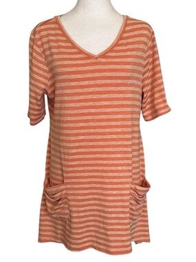 LOGO Lori Goldstein Women’s Large Asymmetrical Tunic Top Orange Striped V-Neck